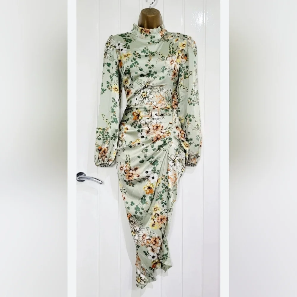 Floral Print High Neck Ruched Midi Dress Sage Green Fairycore Size 4 Boohoo - Picture 5 of 13